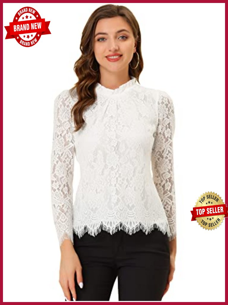 Lace Long Sleeve Top Ruffle Neck Floral Blouse Dressy Casual Peplum Shirt